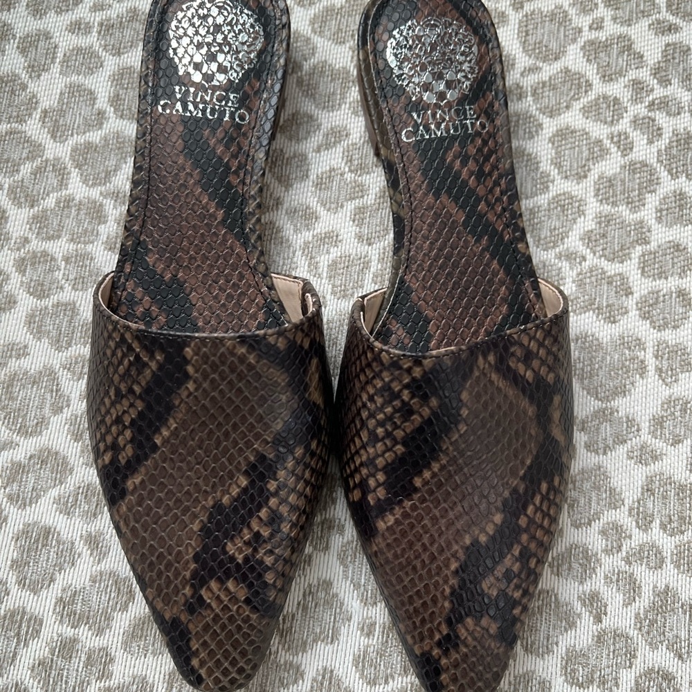 Vince Camuto Dark Brown Snake Print Mules